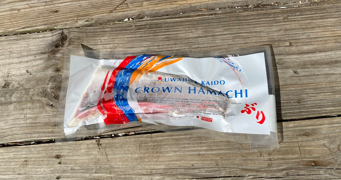 Packaged product labeled 'Crown Hamachi' on a wooden surface